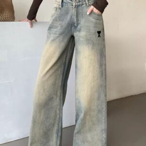 [국내배송]아미 블랙 자수 커팅 청바지